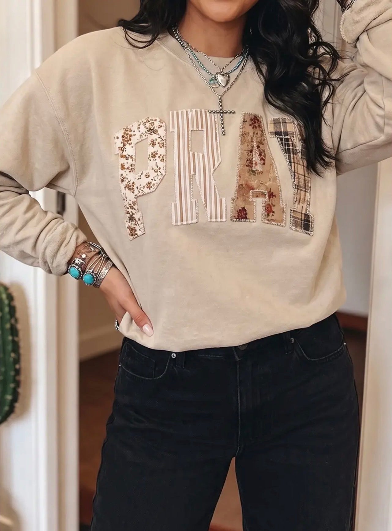 *PRE-ORDER* Pray Patchwork Embroidered Crew Neck Sweatshirt