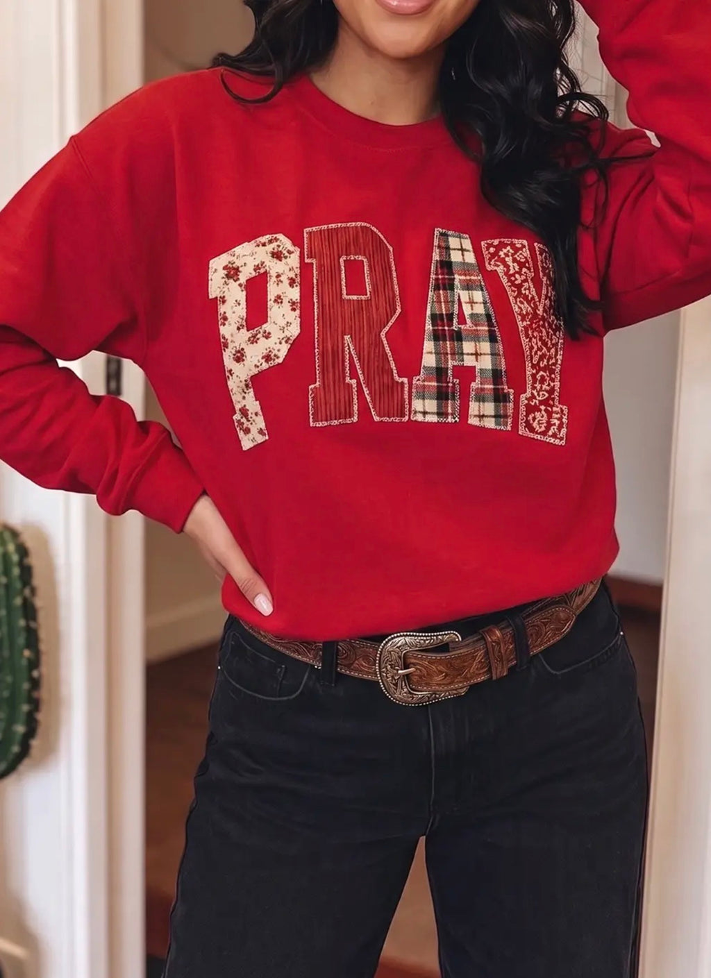 *PRE-ORDER* Pray Patchwork Embroidered Crew Neck Sweatshirt
