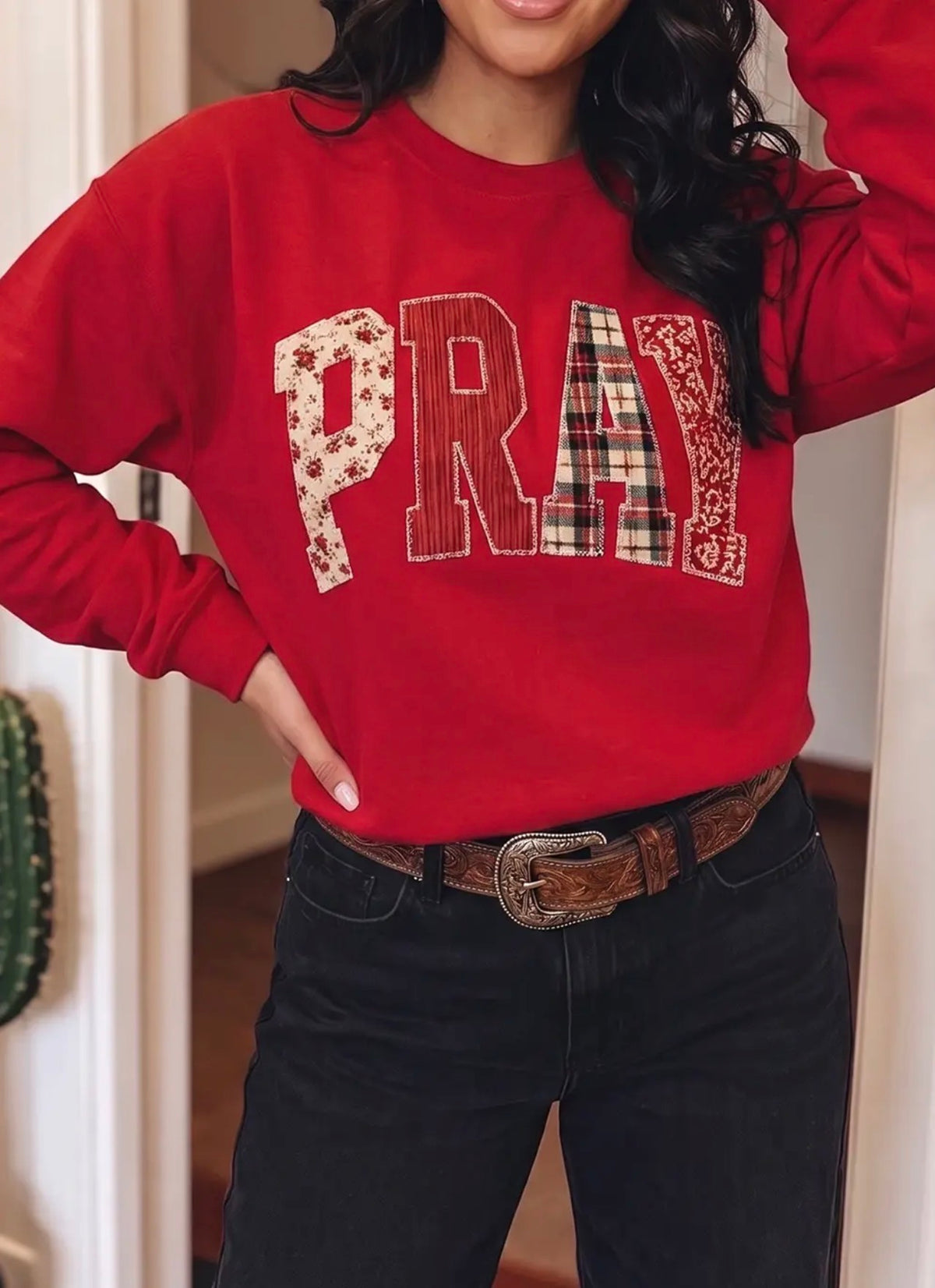 *PRE-ORDER* Pray Patchwork Embroidered Crew Neck Sweatshirt