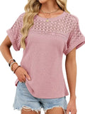 Lace Waffle Knit Top Boho Short Sleeve Blouse