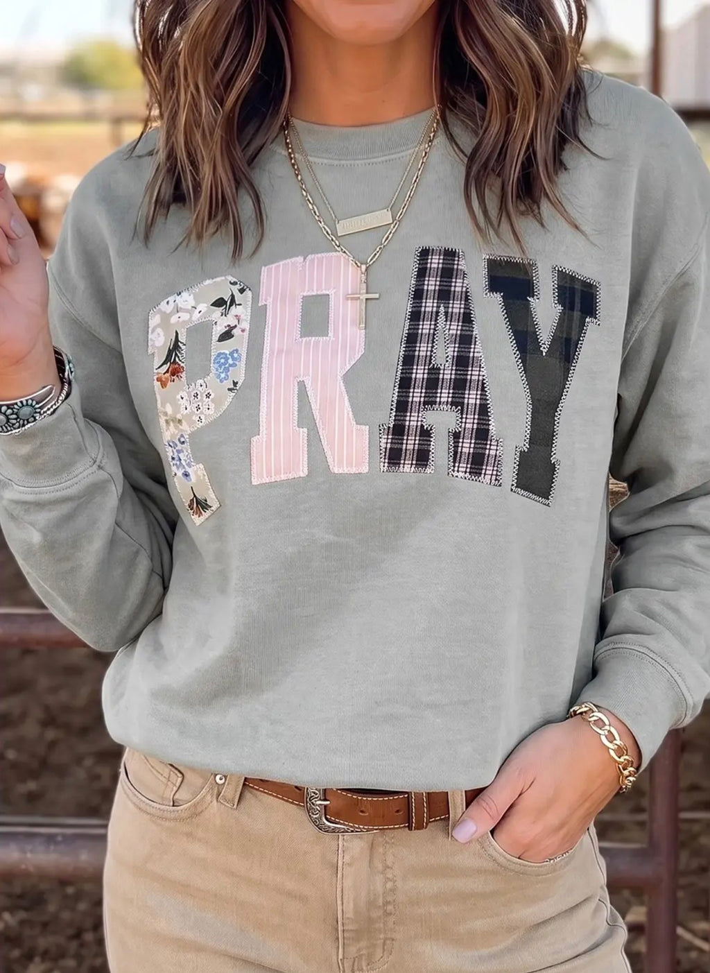 *PRE-ORDER* Pray Patchwork Embroidered Crew Neck Sweatshirt