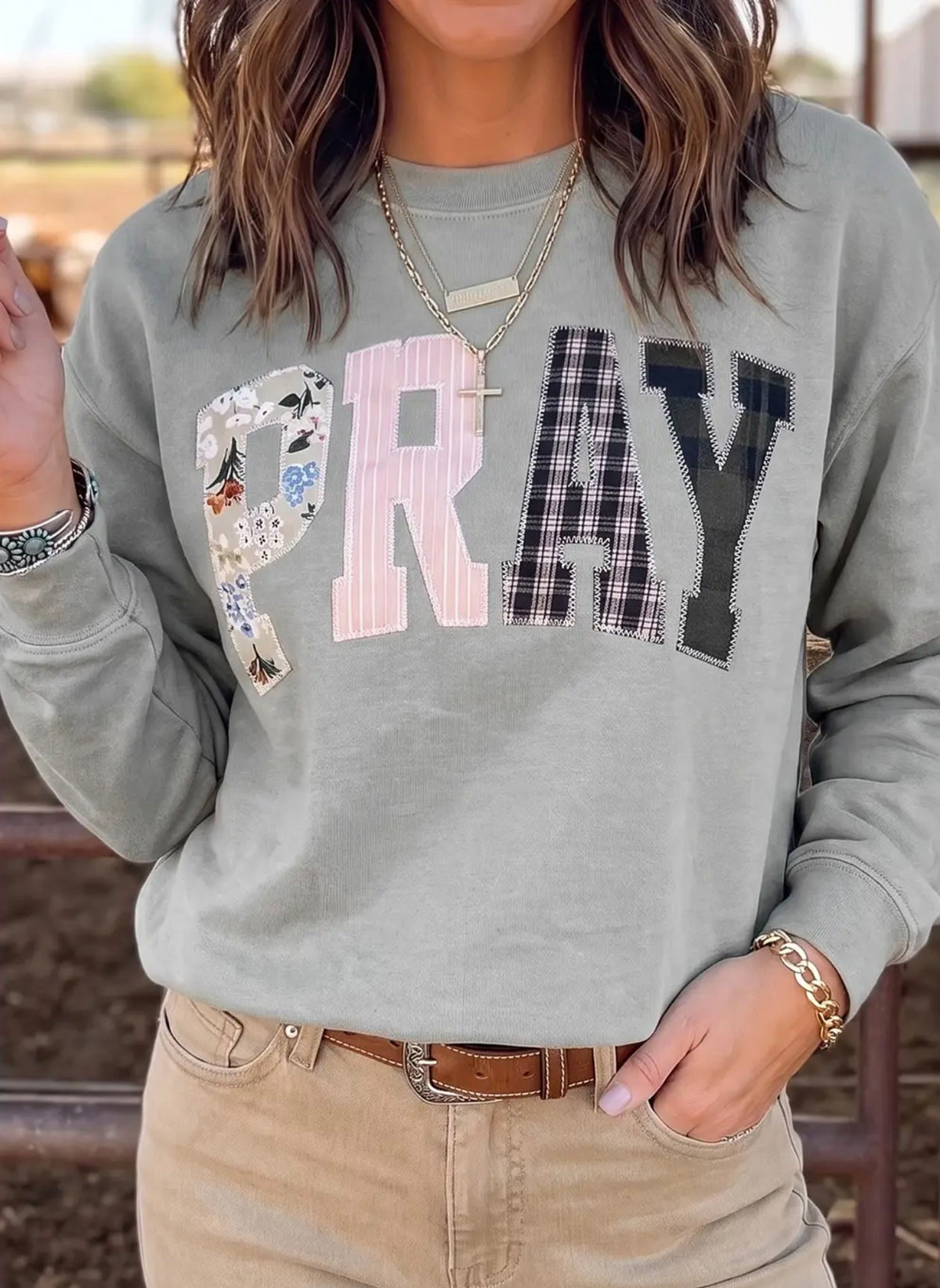 *PRE-ORDER* Pray Patchwork Embroidered Crew Neck Sweatshirt