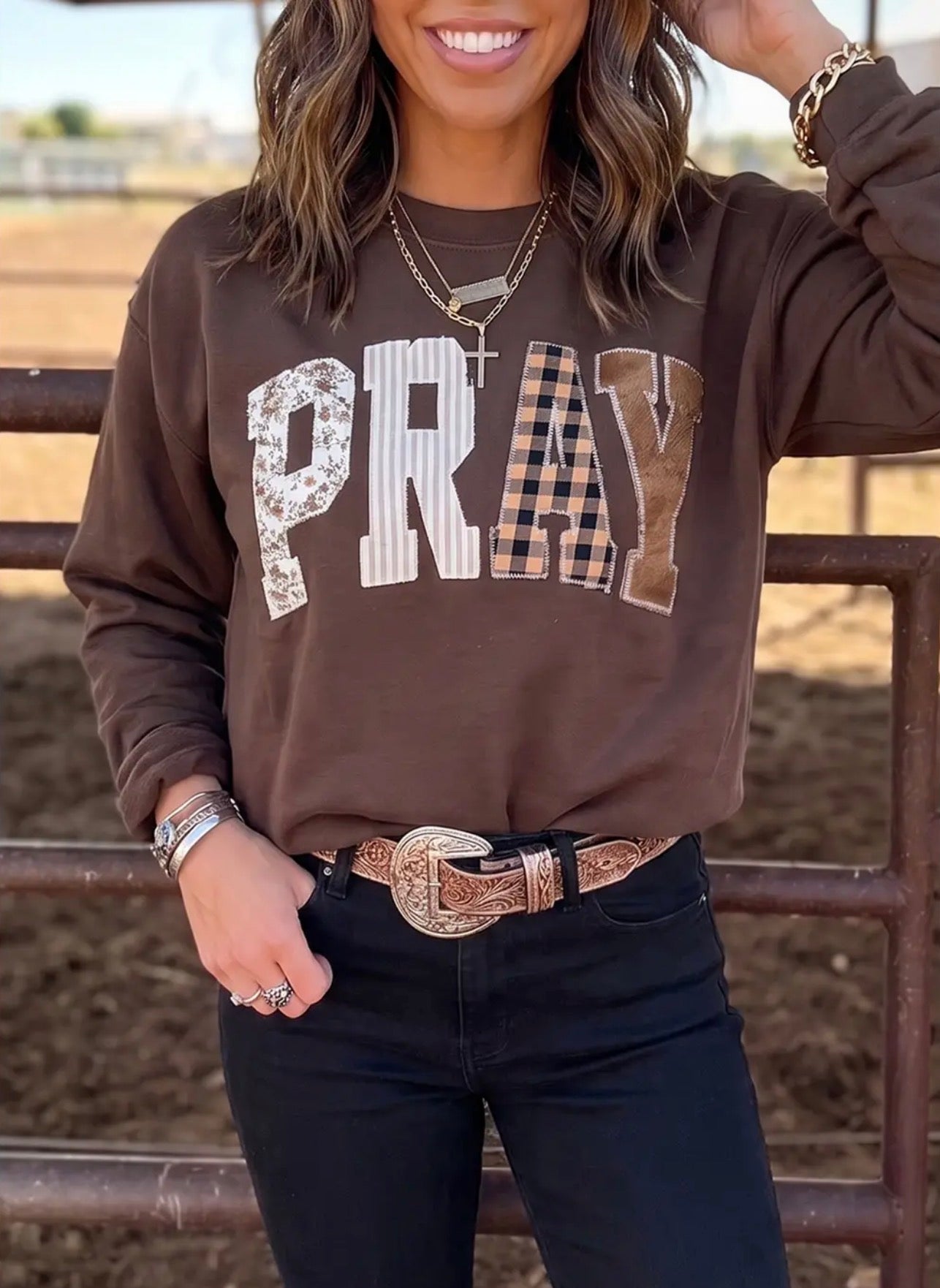 *PRE-ORDER* Pray Patchwork Embroidered Crew Neck Sweatshirt