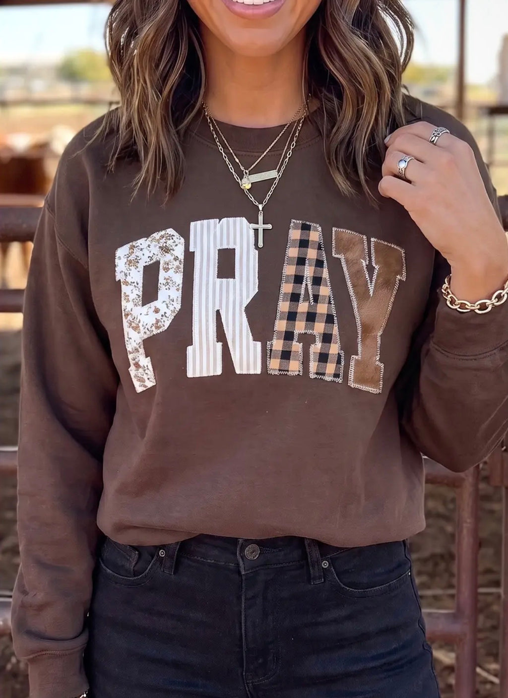 *PRE-ORDER* Pray Patchwork Embroidered Crew Neck Sweatshirt