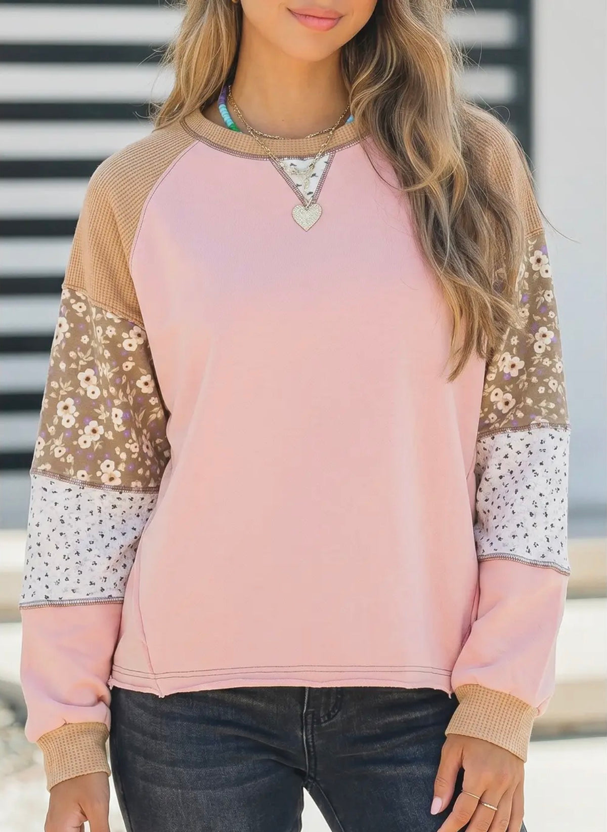 *PRE-ORDER* Color Block Floral Waffle Mixed Patchwork Long Sleeve Top