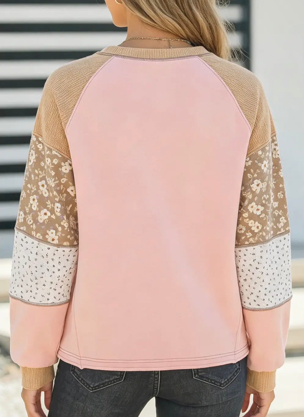 *PRE-ORDER* Color Block Floral Waffle Mixed Patchwork Long Sleeve Top