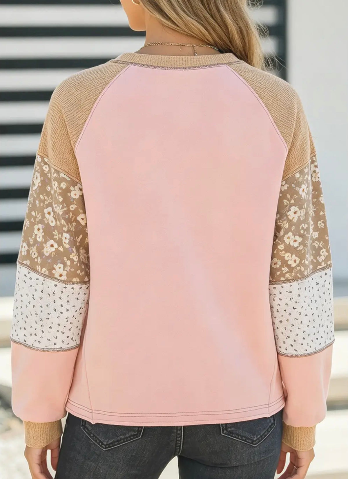 *PRE-ORDER* Color Block Floral Waffle Mixed Patchwork Long Sleeve Top