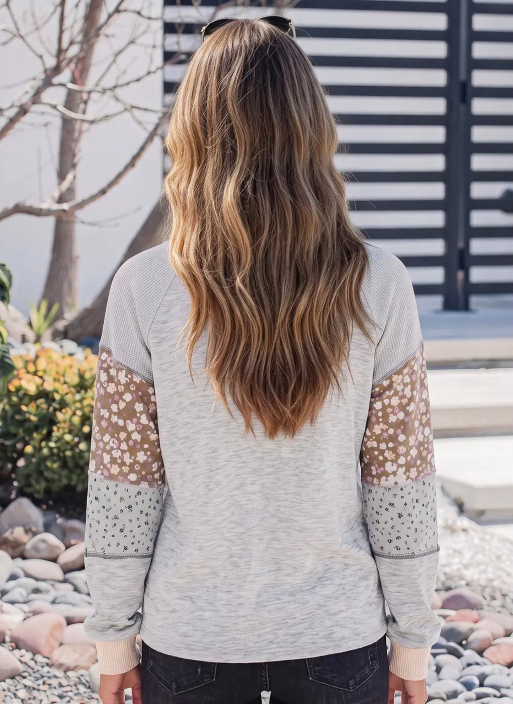 *PRE-ORDER* Color Block Floral Waffle Mixed Patchwork Long Sleeve Top
