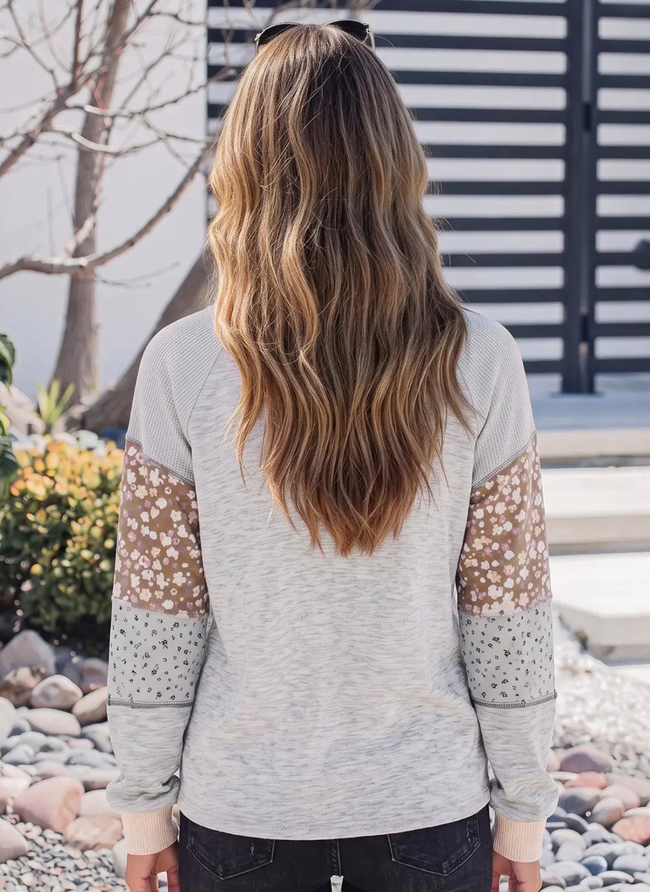 *PRE-ORDER* Color Block Floral Waffle Mixed Patchwork Long Sleeve Top