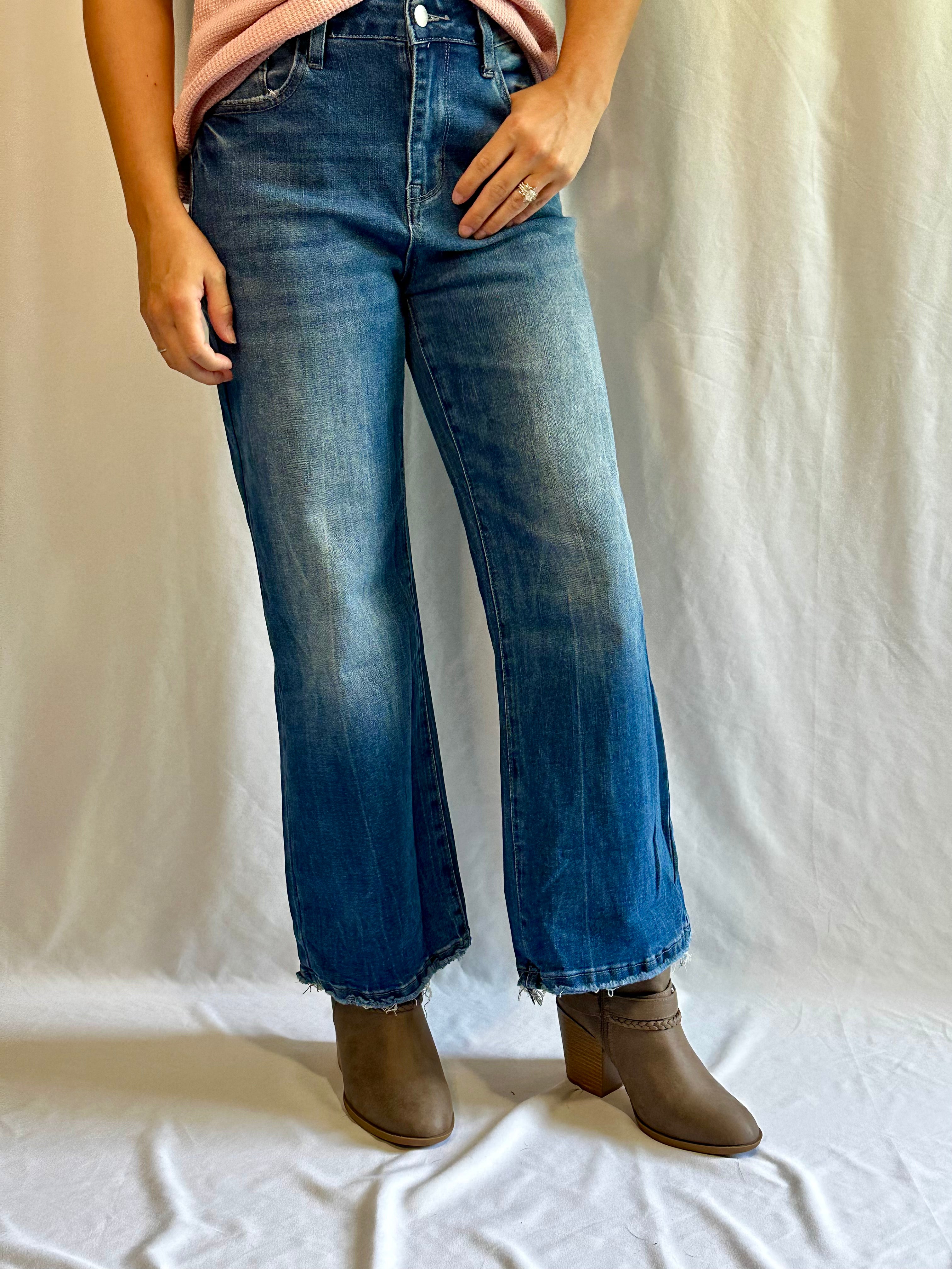 Sail Blue Mineral Wash Raw Hem High Waist Flared Jeans