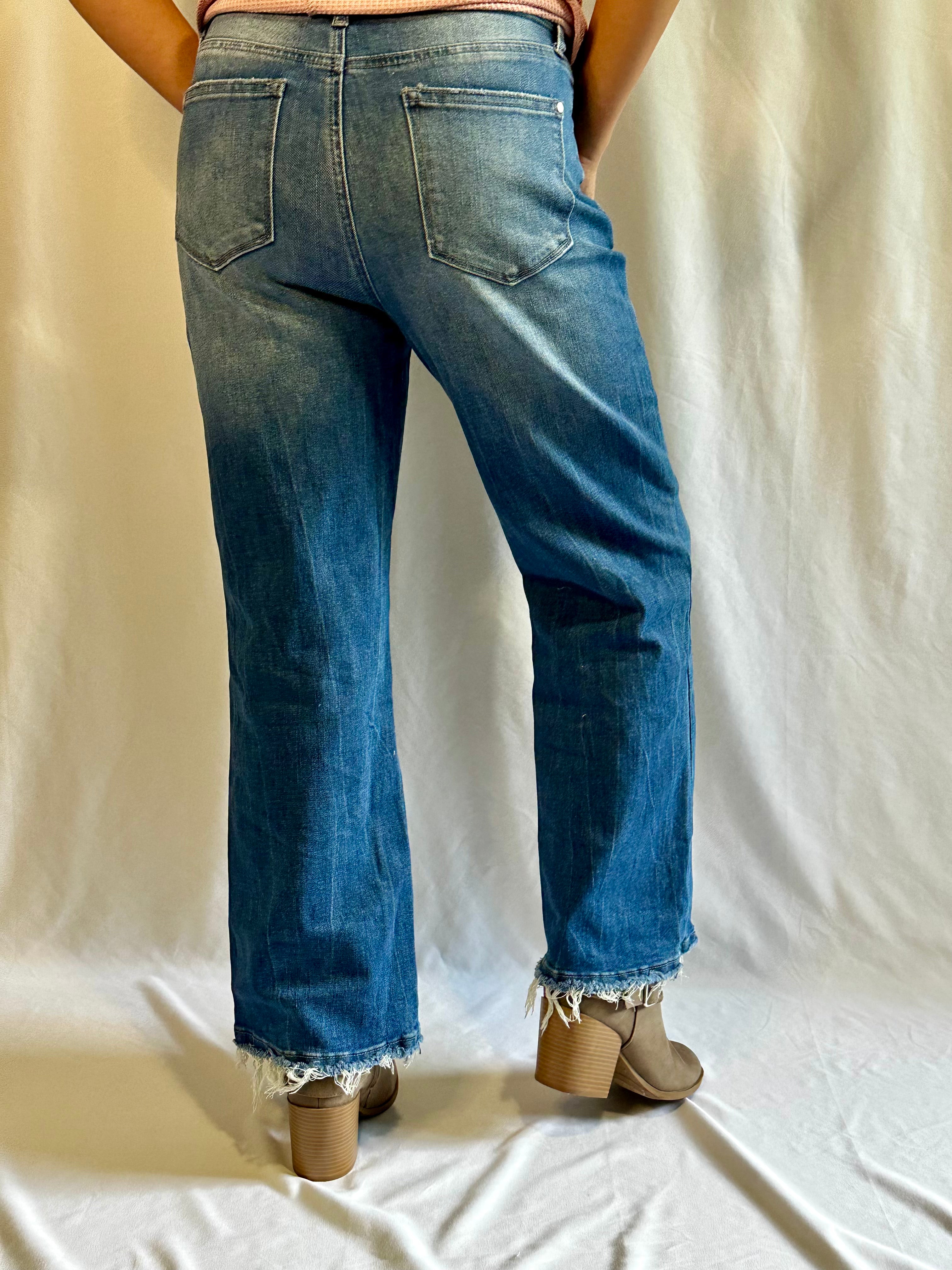 Sail Blue Mineral Wash Raw Hem High Waist Flared Jeans