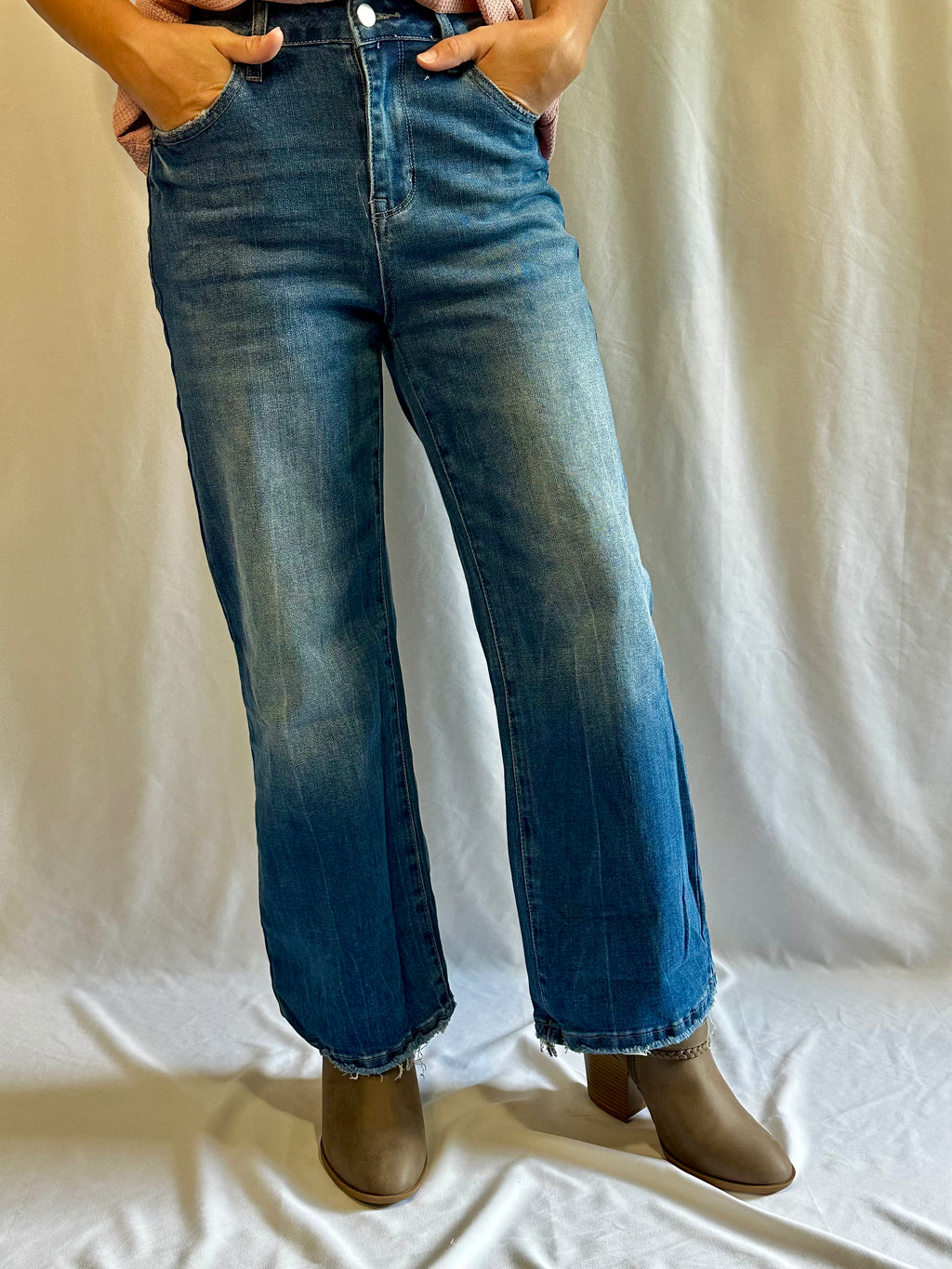 Sail Blue Mineral Wash Raw Hem High Waist Flared Jeans
