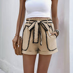Colorblocked High Waist Tie Casual Straight Shorts